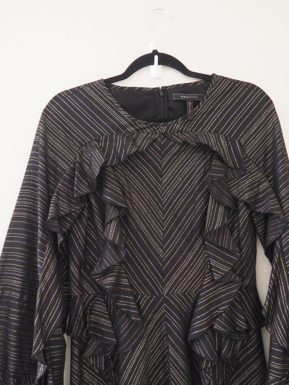 BCBGMaxAzria Black Metallic Ruffle Long Bell Sleeve Mini Dress sz S - Picture 5 of 9